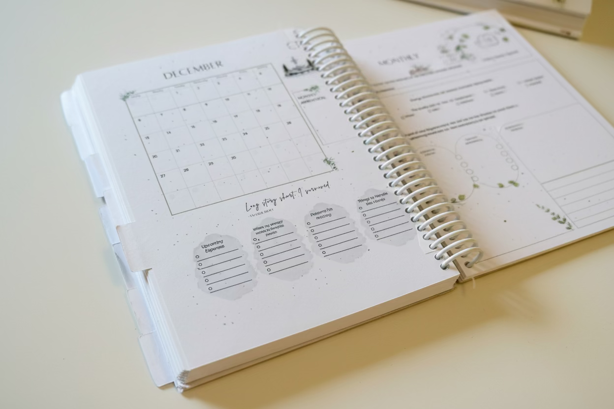 Spiral-bound planner open to a page with a December calendar and checklist on a wooden surface.