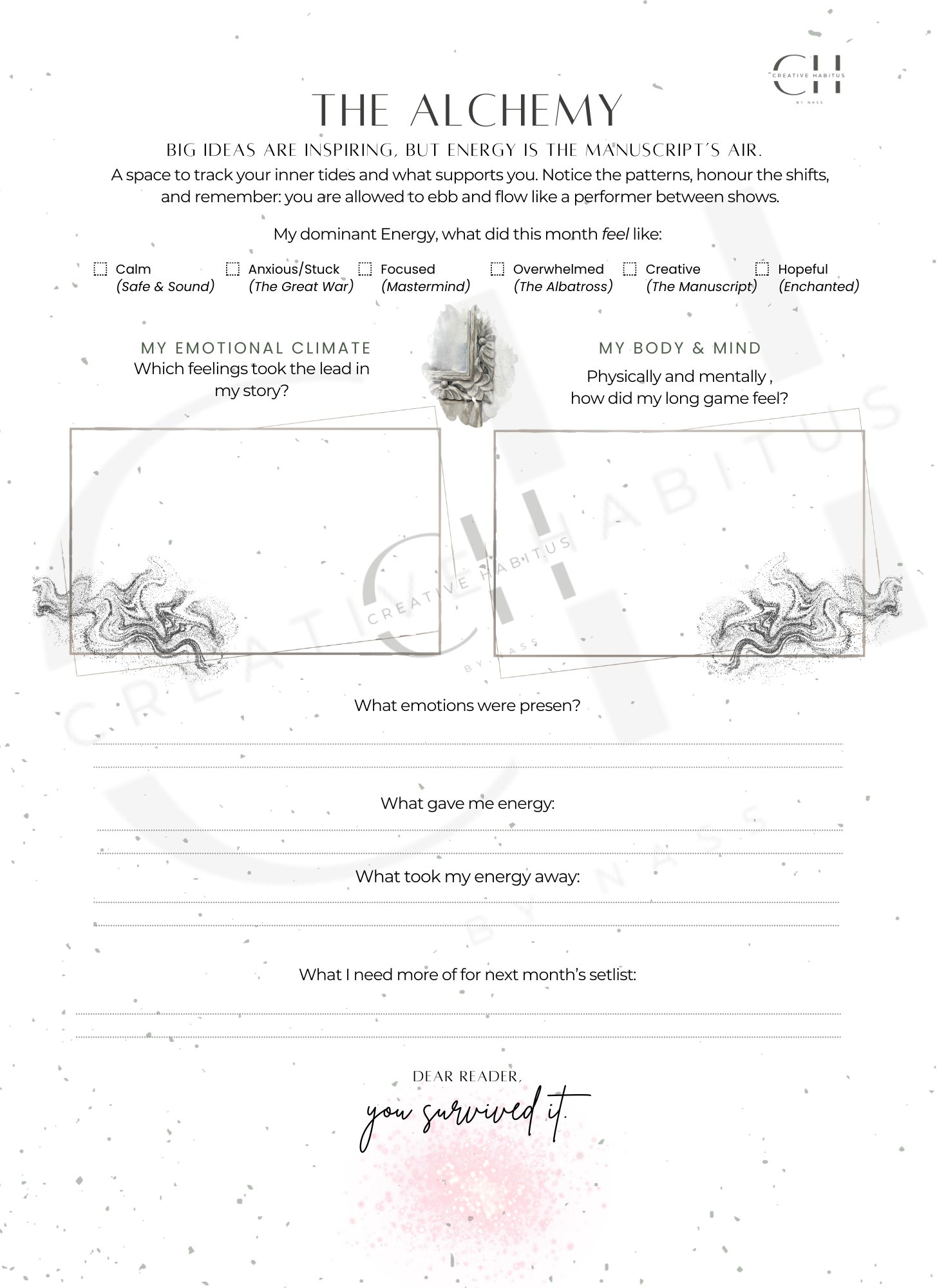 A final page to track inner tides, physical feelings, and energy levels with a "Dear Reader, you survived it" sign-off.