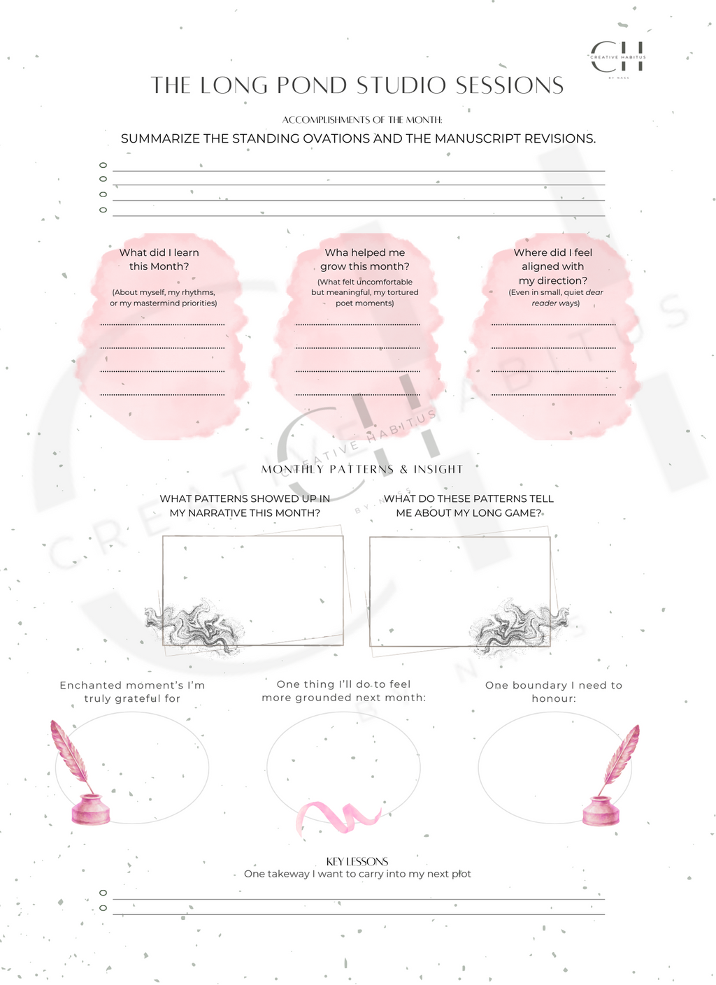 A reflection page for summarizing monthly accomplishments, key lessons, and "tortured poet" moments of growth.