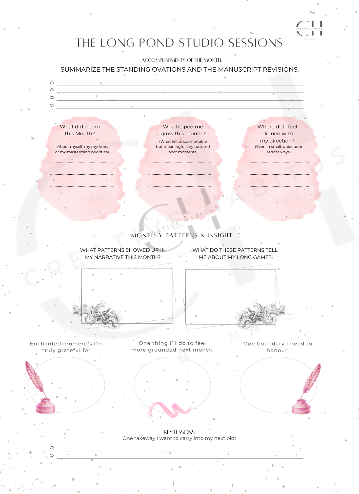 A reflection page for summarizing monthly accomplishments, key lessons, and "tortured poet" moments of growth.