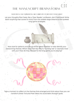 A freeform brainstorming page with a quill and disco ball illustration for capturing creative ideas and overarching themes.