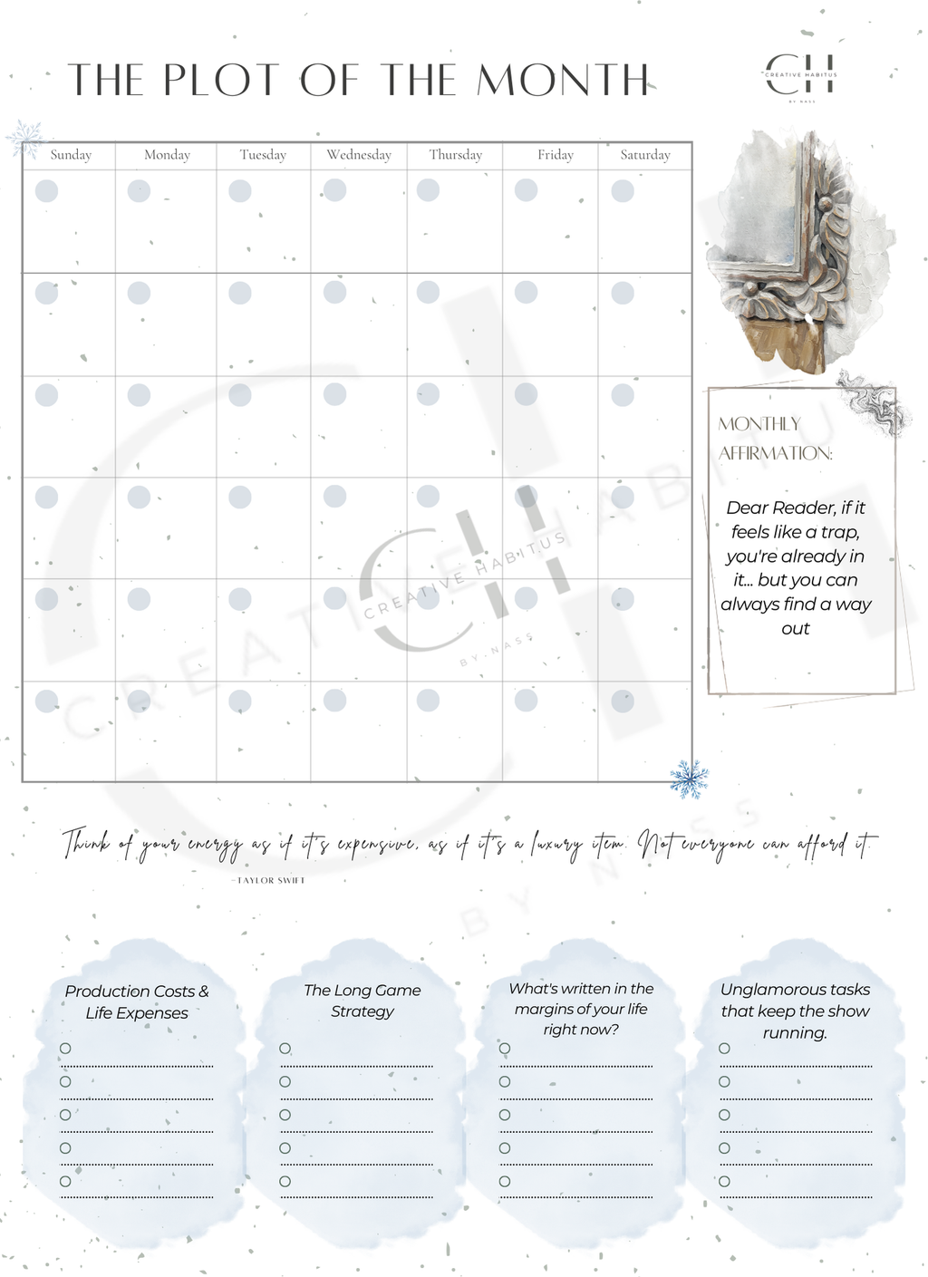 A monthly planning calendar featuring a Taylor Swift quote about expensive energy and sections for production costs and long game strategy.