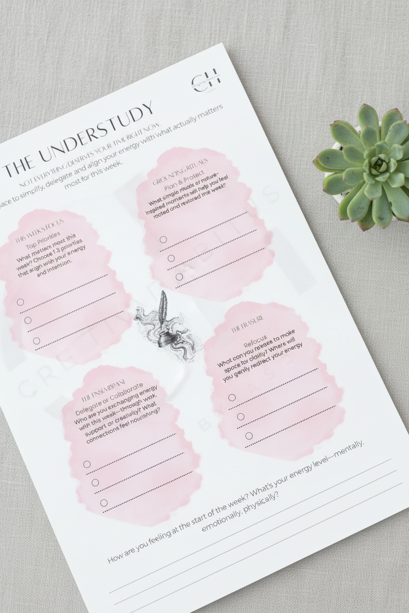 Weekly planning sheet titled 'The Understudy' with various sections for reflection and goal-setting on a white background.