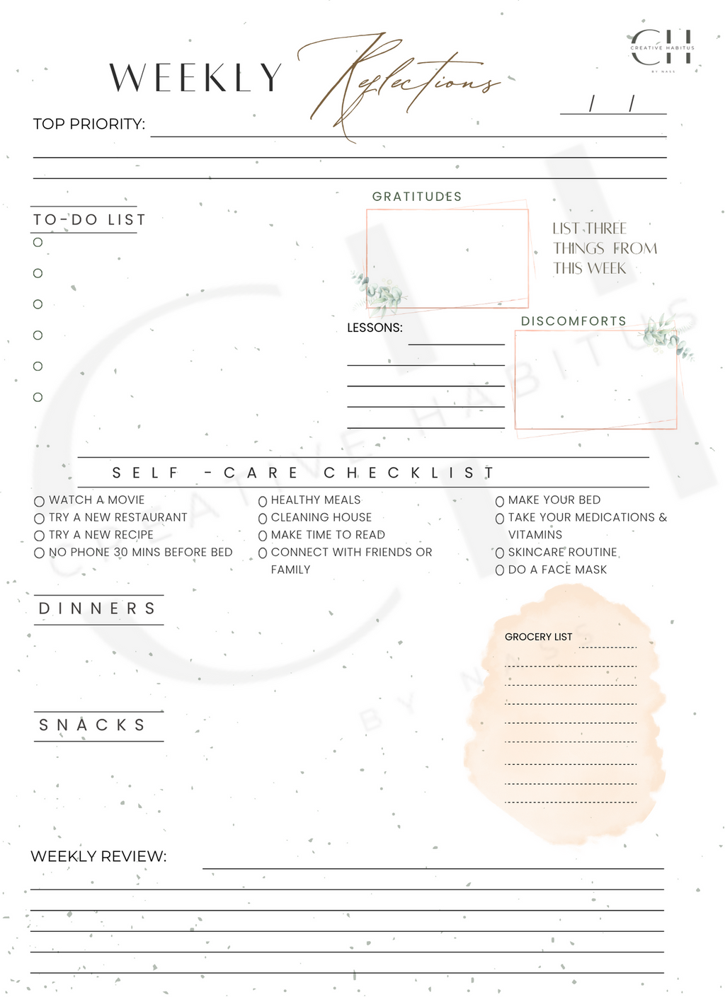 Weekly reflection and planning sheet with various sections for tasks, self-care, and meals.