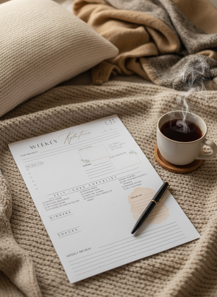 Weekly reflection and planning sheet with various sections for tasks, self-care, and meals.