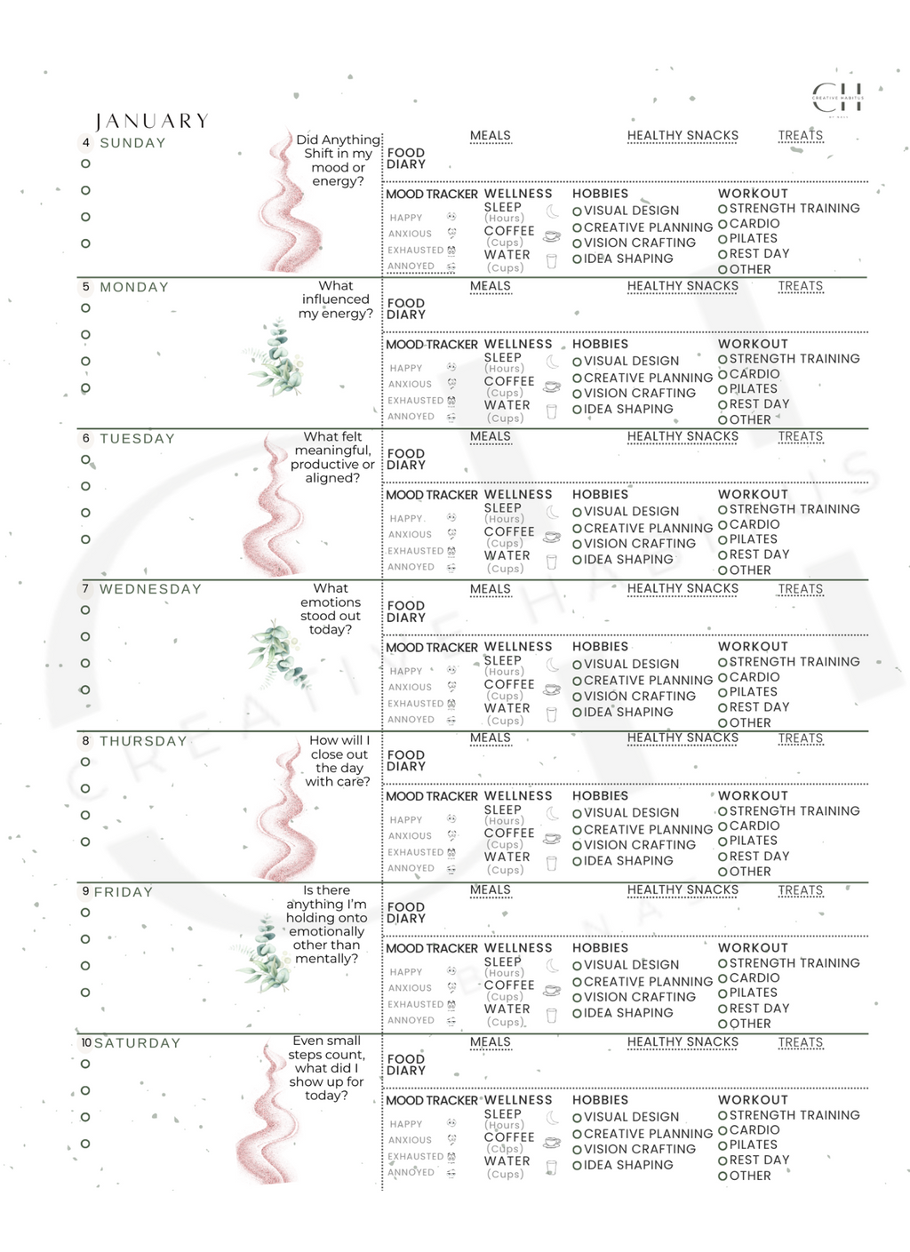Monthly calendar for January with wellness and productivity tasks.