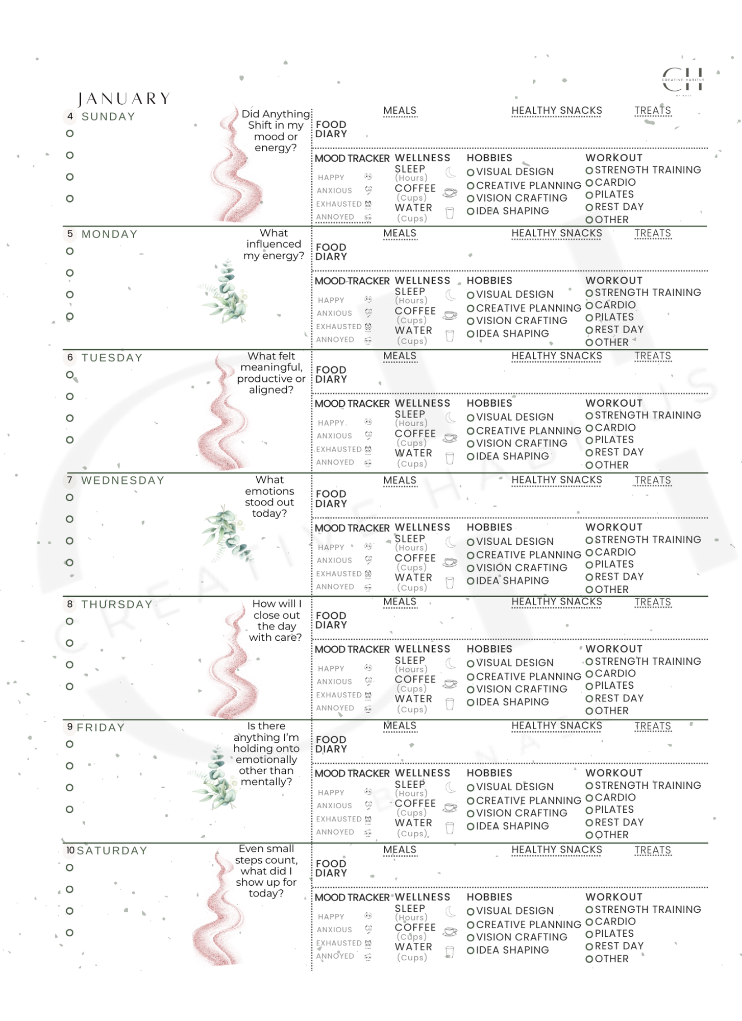 Monthly calendar for January with wellness and productivity tasks.