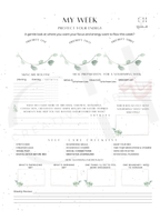 Weekly planning sheet with various sections for daily activities and self-care routines on a white background.