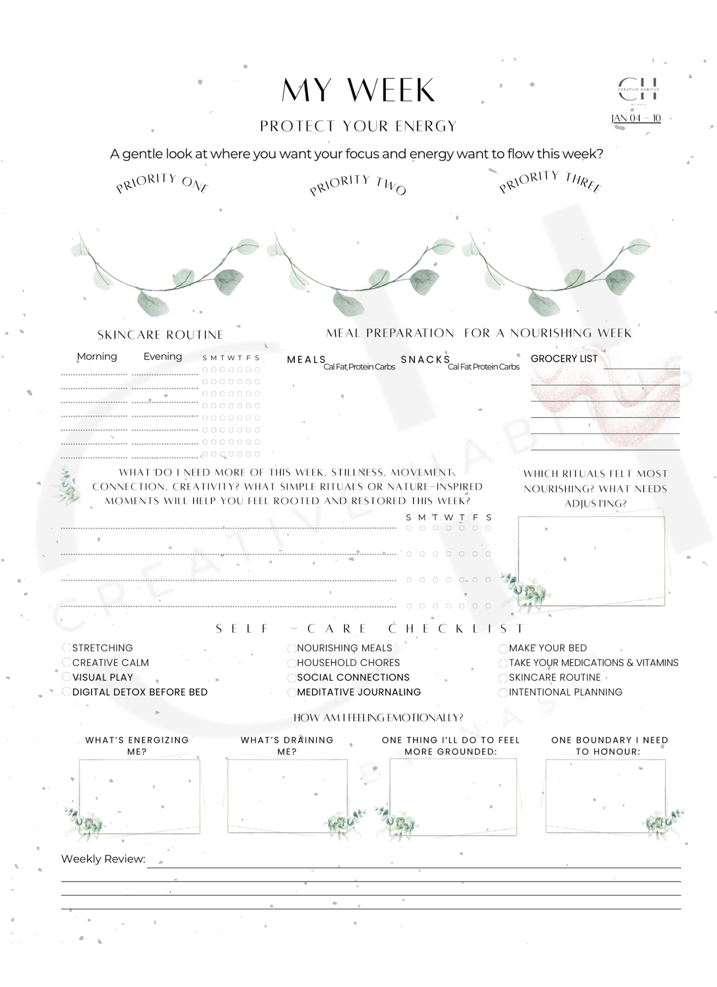 Weekly planning sheet with various sections for daily activities and self-care routines on a white background.