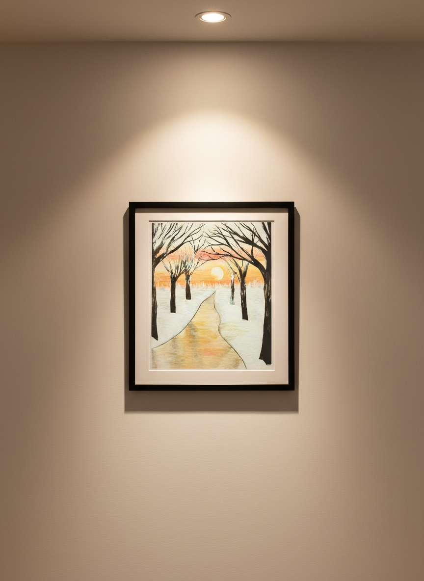 Winter scene with a path leading to a sunset through bare trees in a black frame on a beige wall