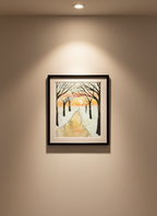 Winter scene with a path leading to a sunset through bare trees in a black frame on a beige wall