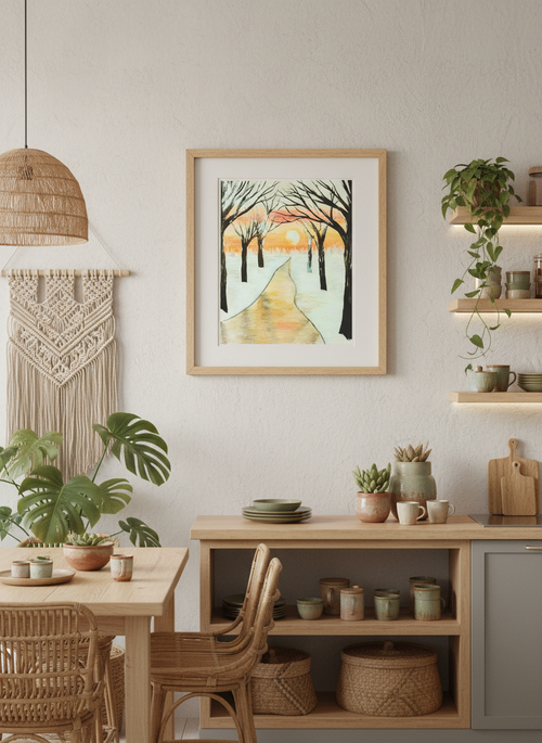 Winter scene with a path leading to a sunset through bare trees