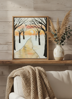 Winter scene with a path leading to a sunset through bare trees