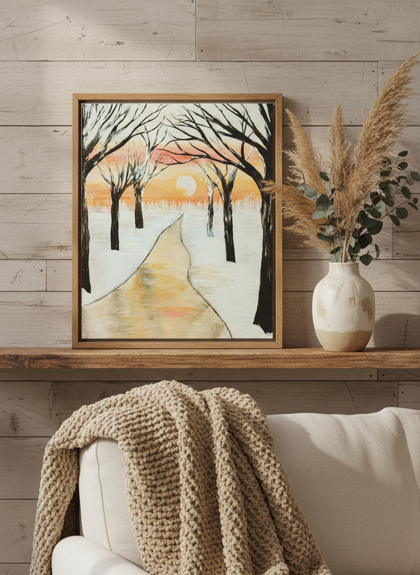 Winter scene with a path leading to a sunset through bare trees