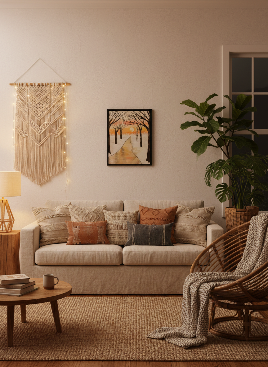 Winter scene with a path leading to a sunset through bare trees