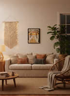 Winter scene with a path leading to a sunset through bare trees