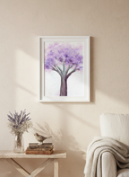 Painting of a tree with purple blossoms on a white background on a cream wall with rustic decor.