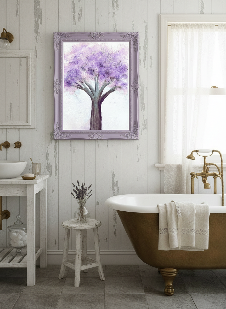 Painting of a tree with purple blossoms on a white background