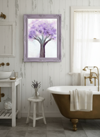 Painting of a tree with purple blossoms on a white background