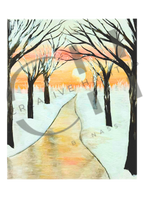 Winter scene with a path leading to a sunset through bare trees
