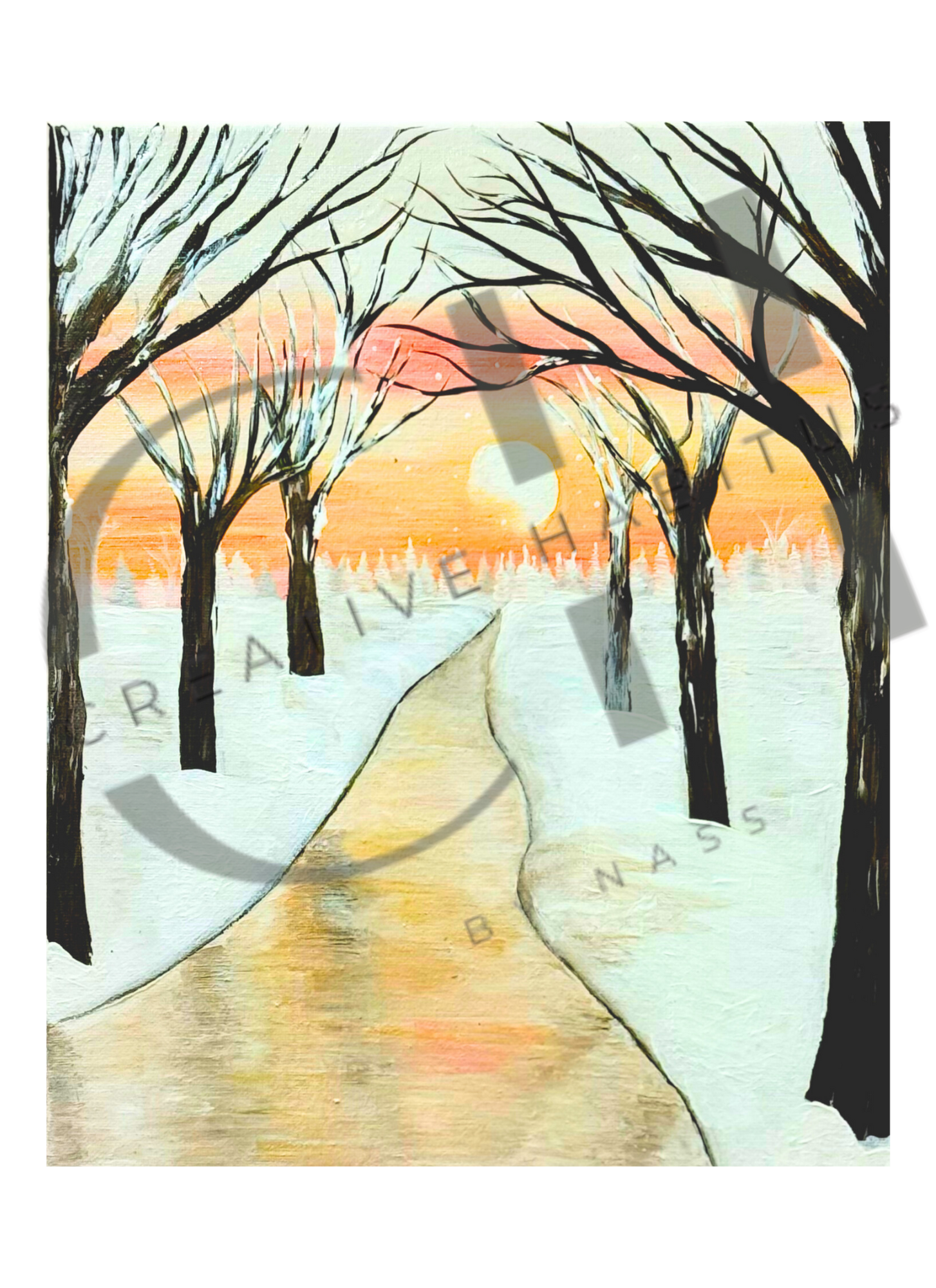 Winter scene with a path leading to a sunset through bare trees