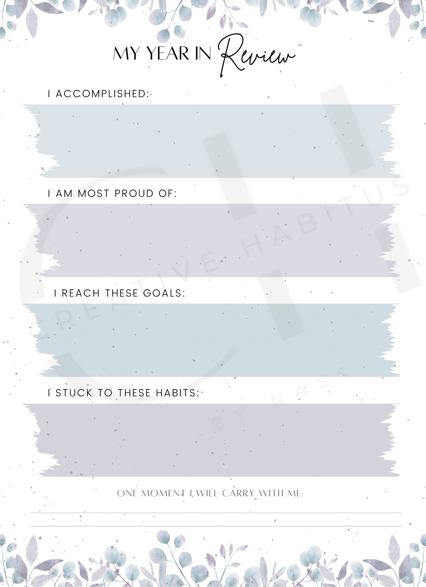 Blank review form with text boxes for personal reflection on a light purple background with floral elements.