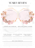 Yearly review worksheet with floral design on a white background