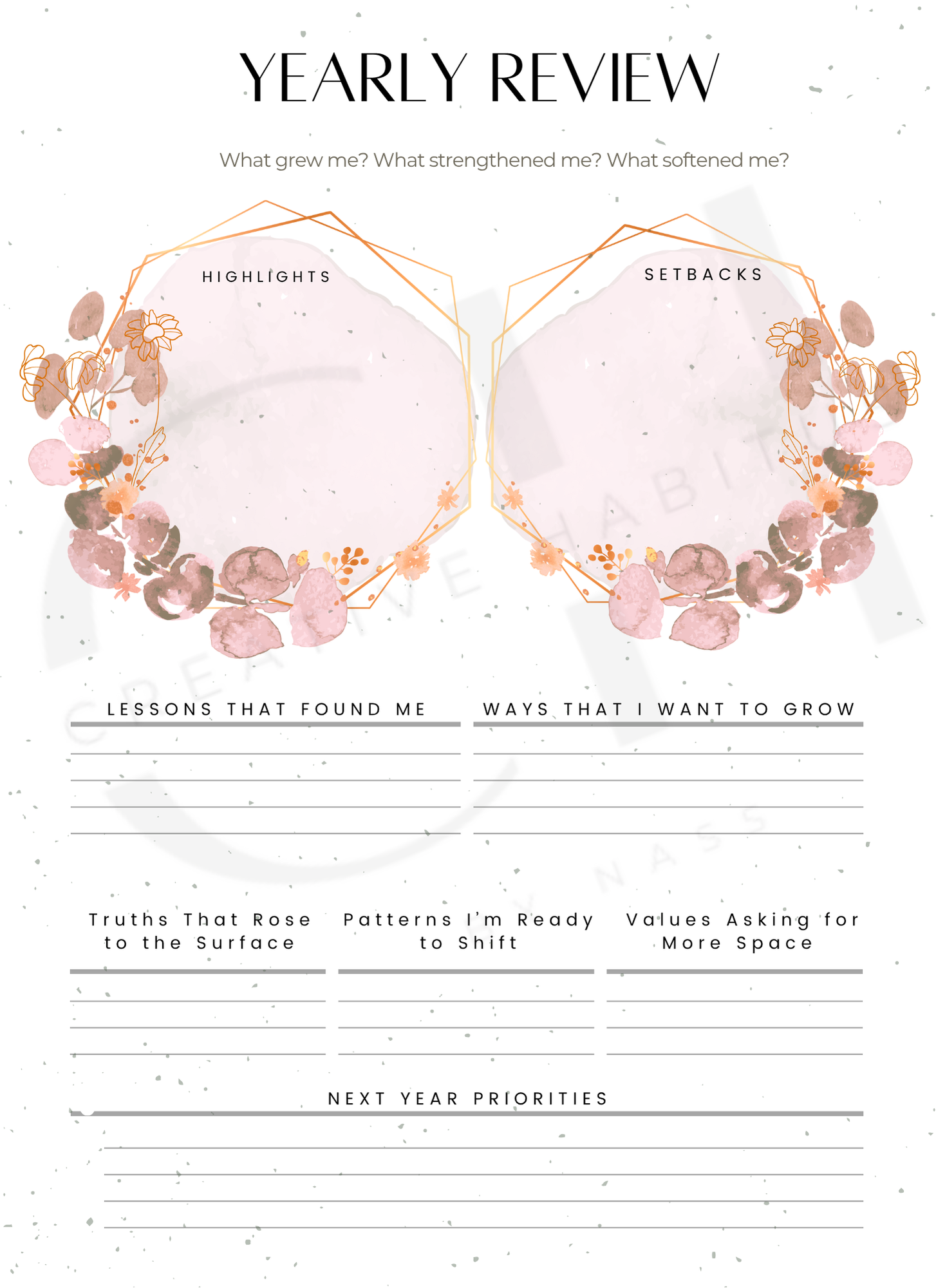 Yearly review worksheet with floral design on a white background