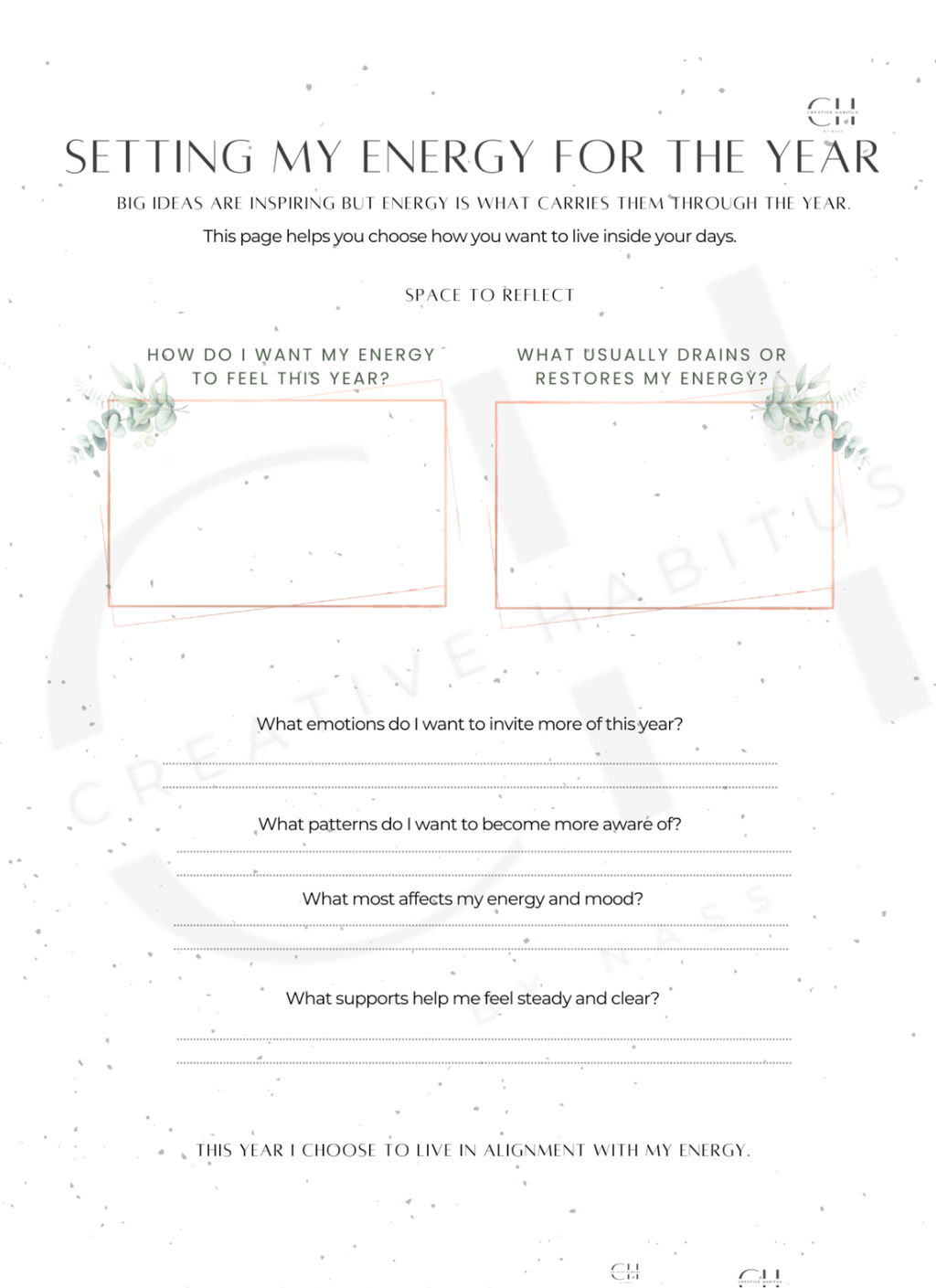 Sheet with questions to set energy for the year on a white background