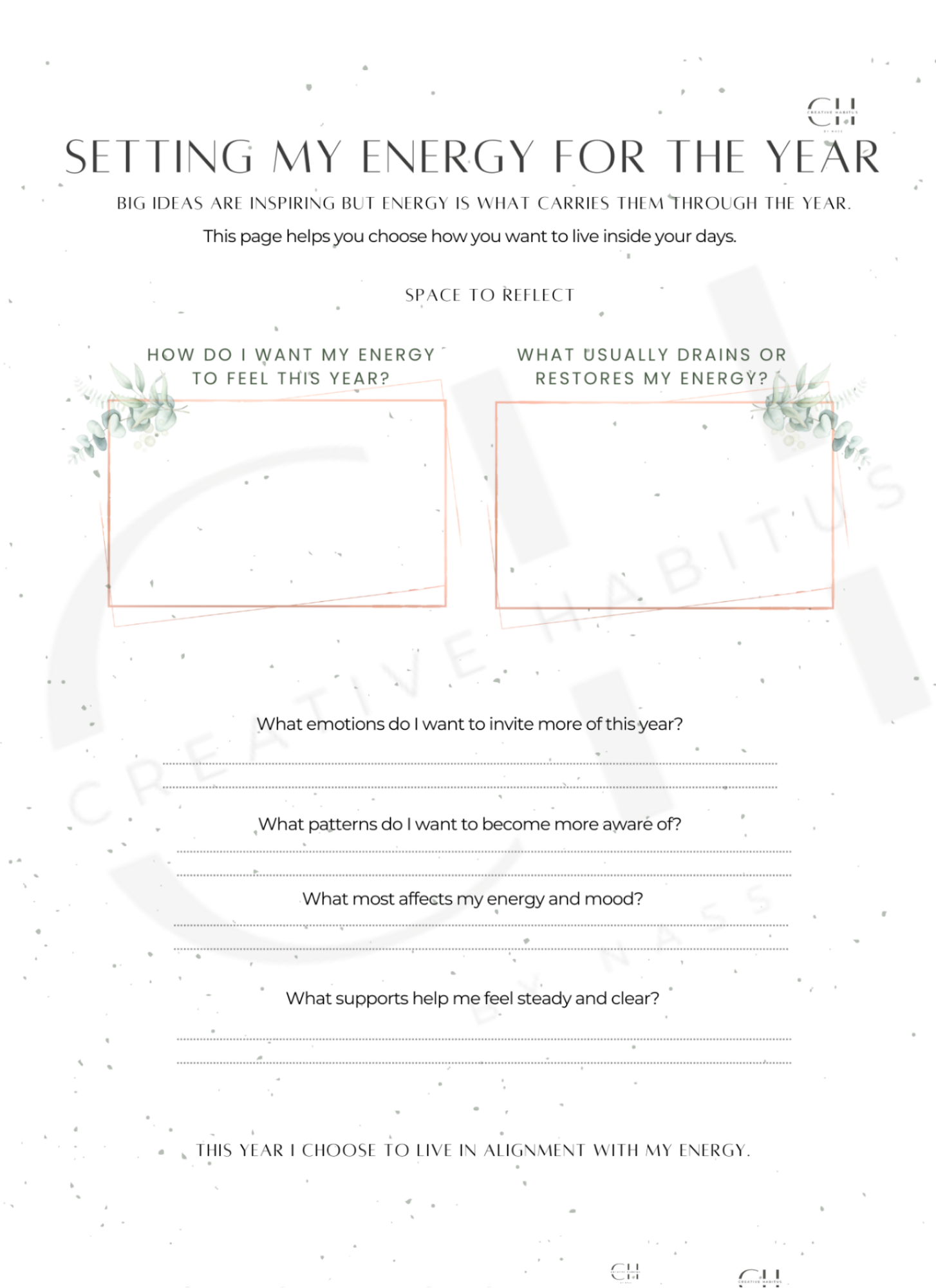 Sheet with questions to set energy for the year on a white background