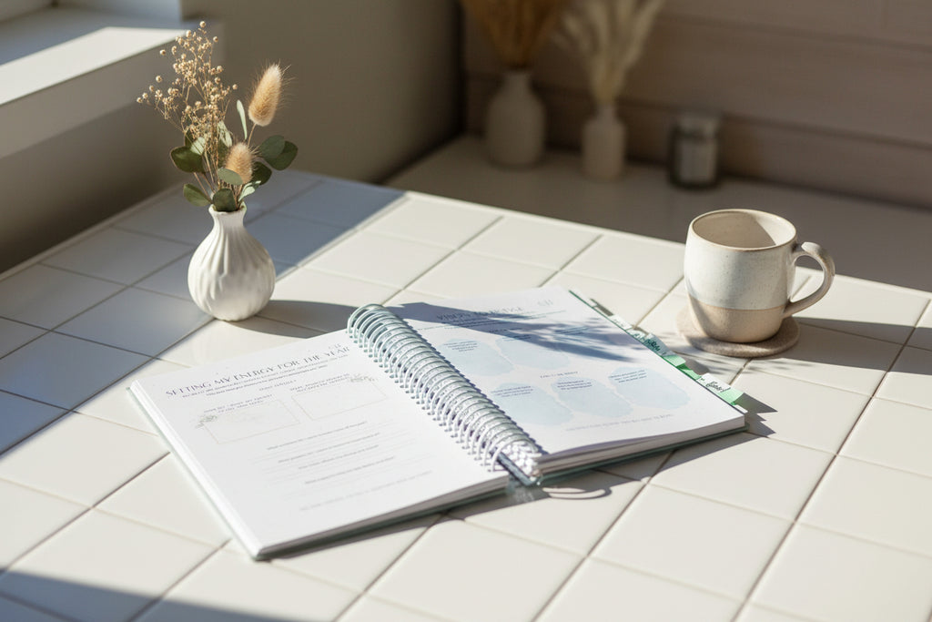 Open book with pages showing text and diagrams on chic modern background