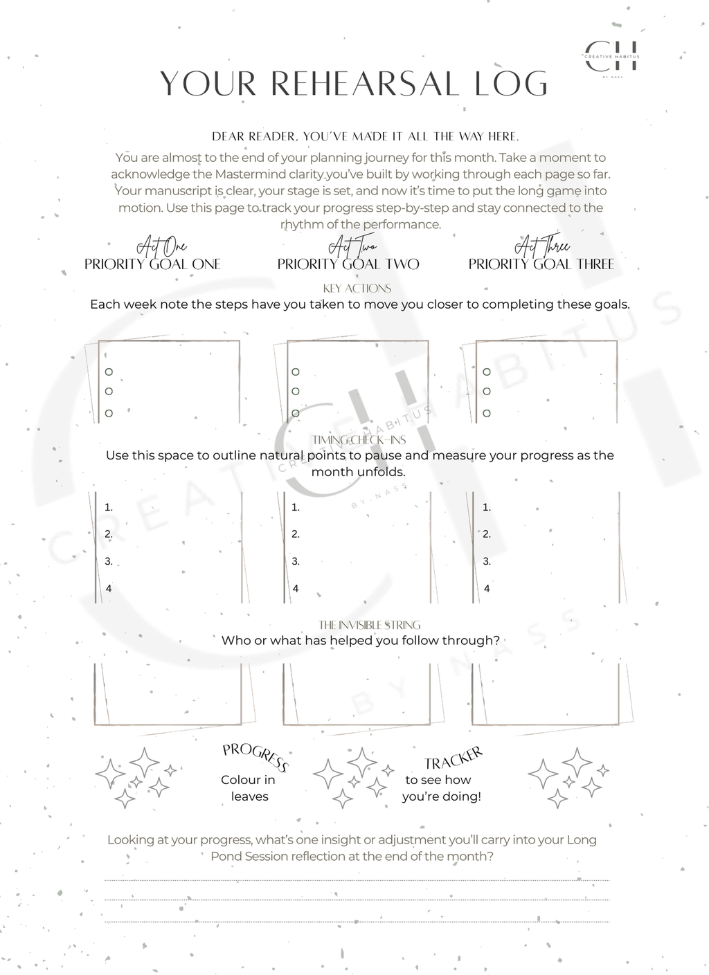 A progress tracking sheet to log weekly key actions for three acts of priority goals with a leaf progress tracker.