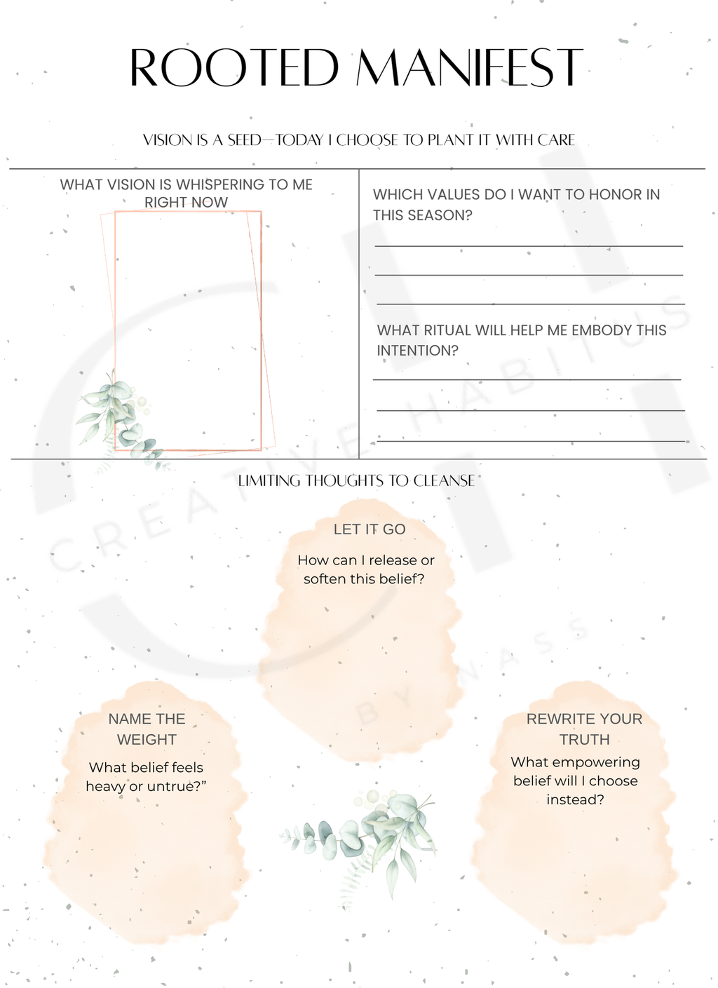 Digital download printable pdf 'Rooted Manifest' with prompts for personal reflection and intention setting.