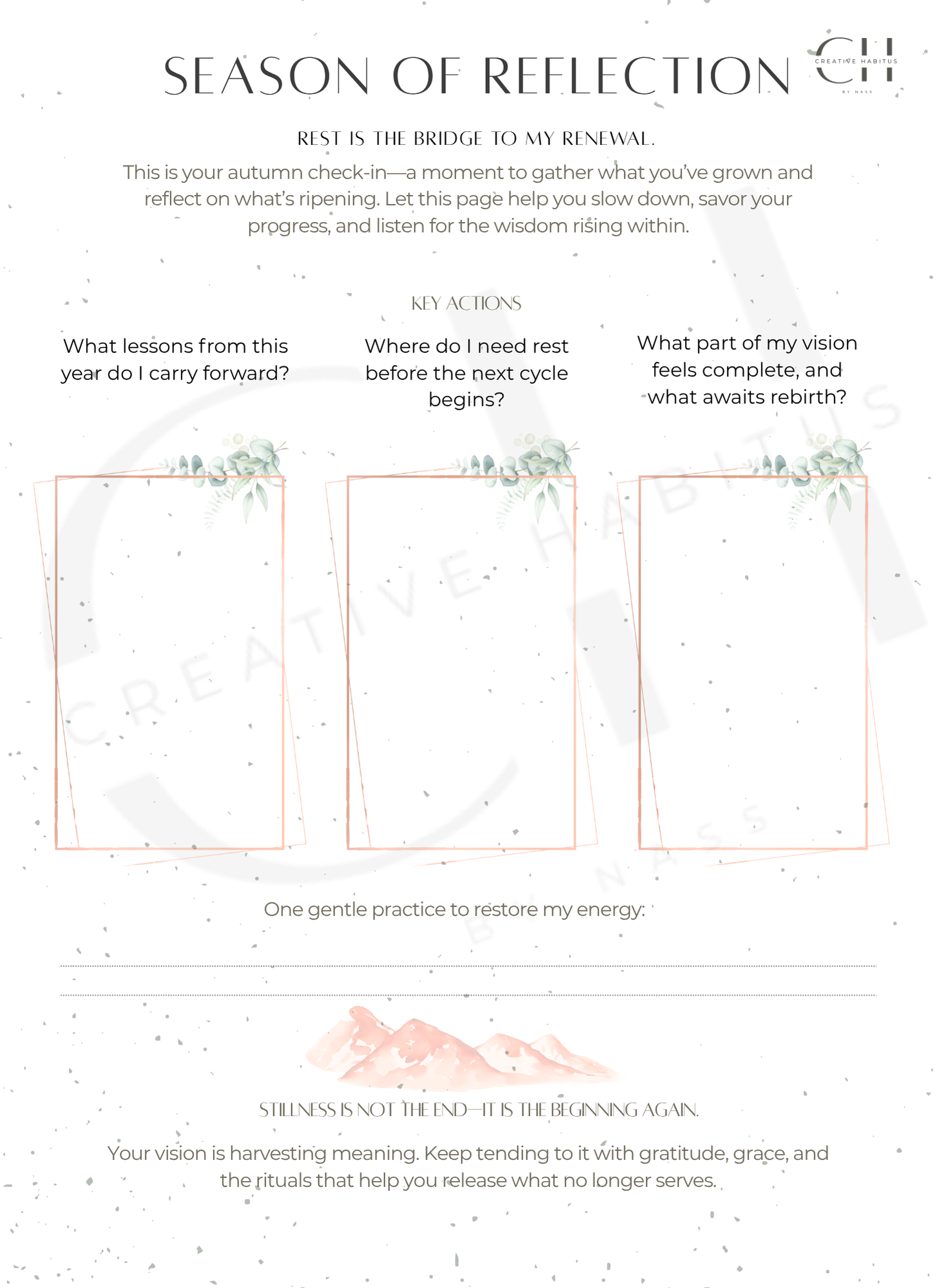 Seasonal reflection worksheet titled 'Season of Refelection' with prompts and space for personal reflection.