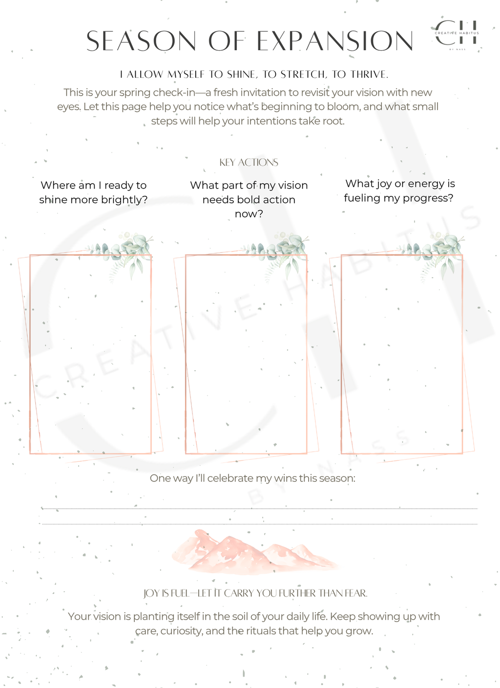 Seasonal reflection worksheet titled 'Season of Expansion" with prompts and space for personal reflection.