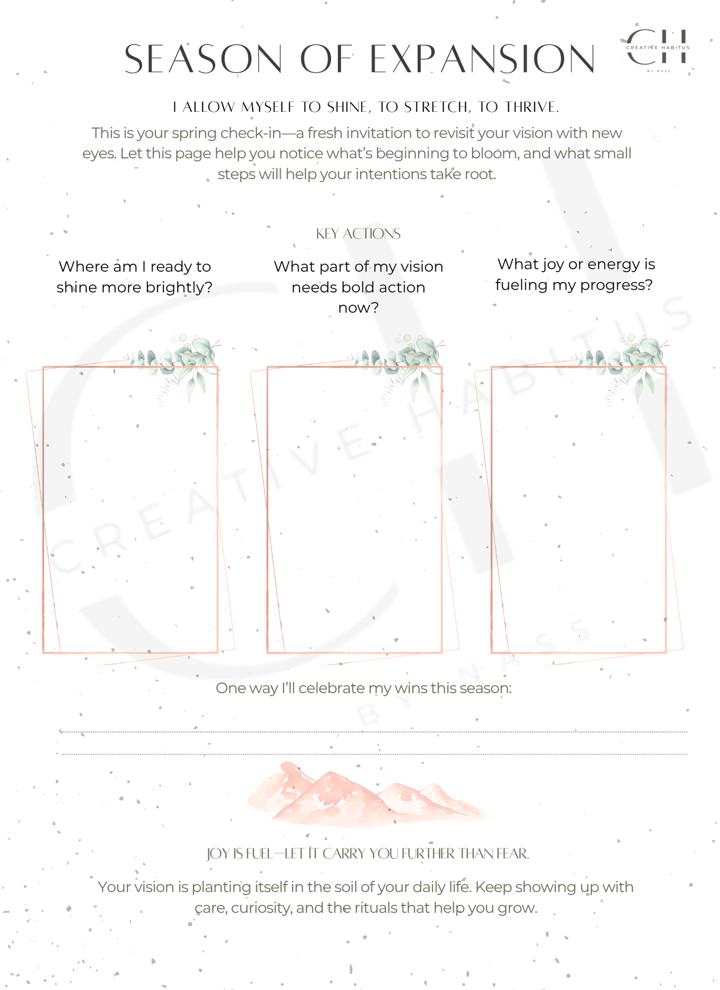 Seasonal reflection worksheet titled 'Season of Expansion" with prompts and space for personal reflection.