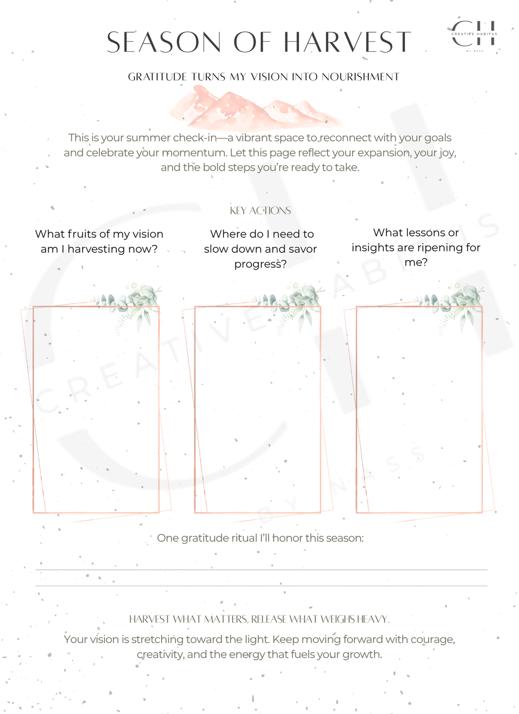 Seasonal reflection worksheet titled 'Season of Harvest" with prompts and space for personal reflection.