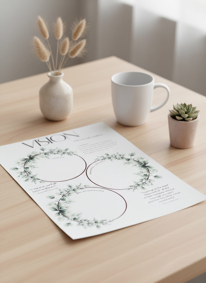 Digital download product with green leafy wreaths and inspirational quotes on a white background as a piece of paper on a light oak desk styled with boho decor.