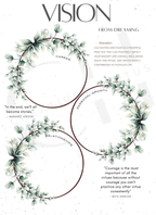 Vision board goals with green leafy wreaths and inspirational quotes on a white background.