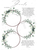 Vision board goals with green leafy wreaths and inspirational quotes on a white background.