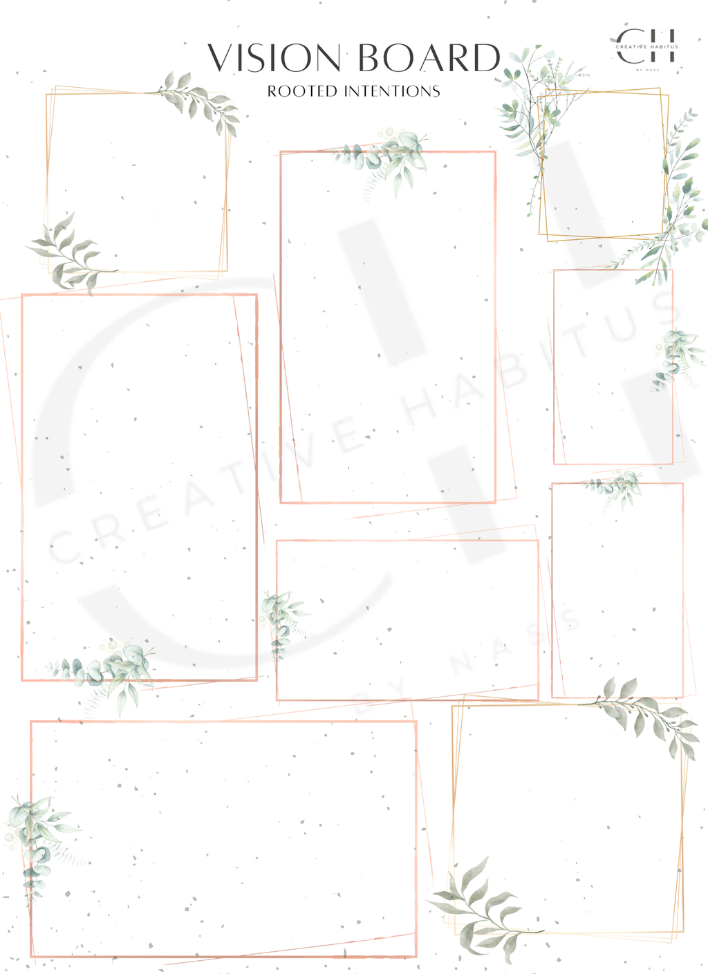 Vision board template with geometric shapes and greenery on a white background