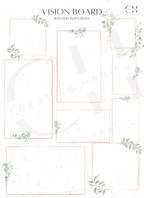 Vision board template with geometric shapes and greenery on a white background