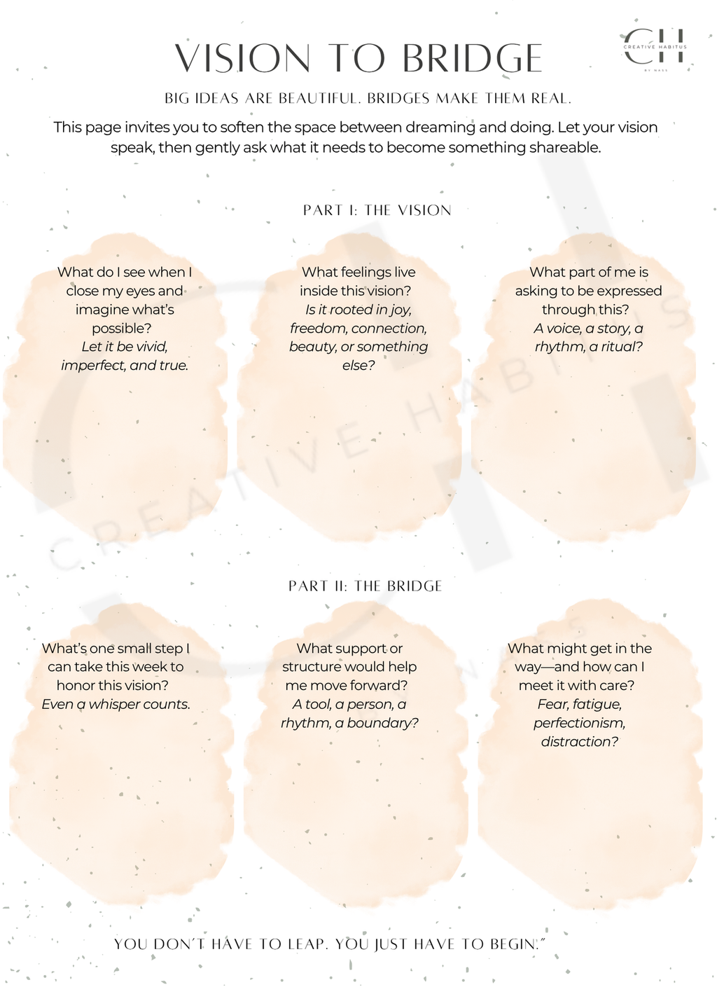 Worksheet titled 'Vision to Bridge' with prompts for personal reflection on vision and action steps.