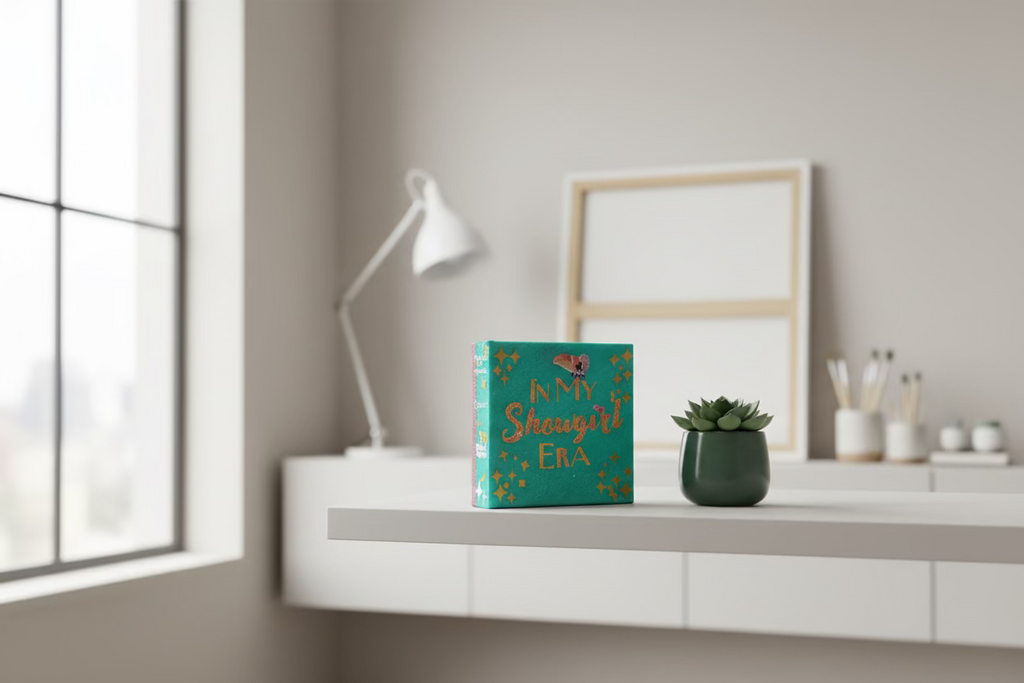 Teal book titled 'In My Shouged Era' on a wooden surface with a blurred background