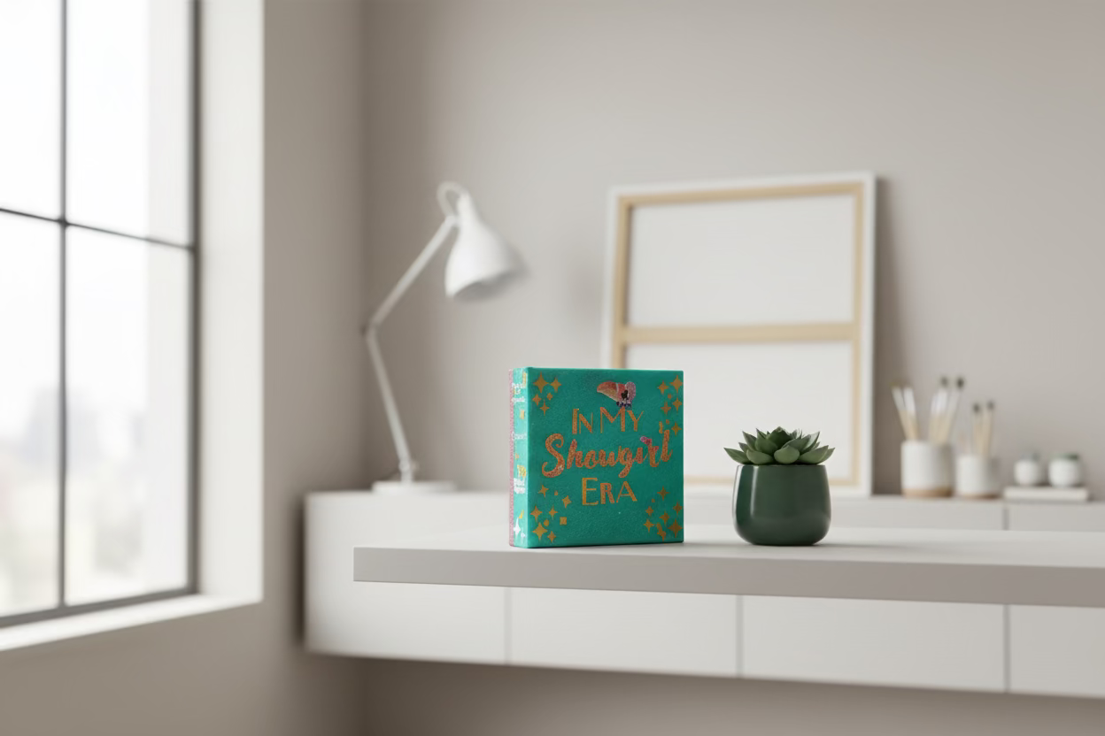 Teal book titled 'In My Shouged Era' on a wooden surface with a blurred background