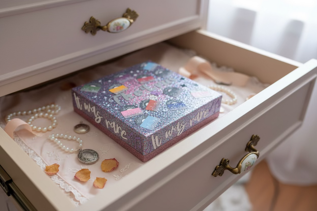 Swiftie fan decor Colorful box with text on a wooden surface