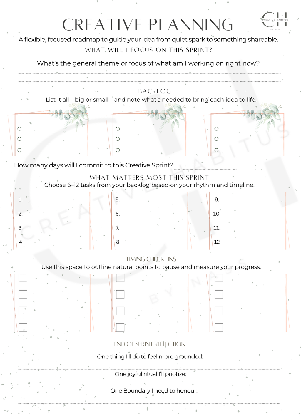 Creative Planning worksheet on a artist boho wooden desk with boho decor