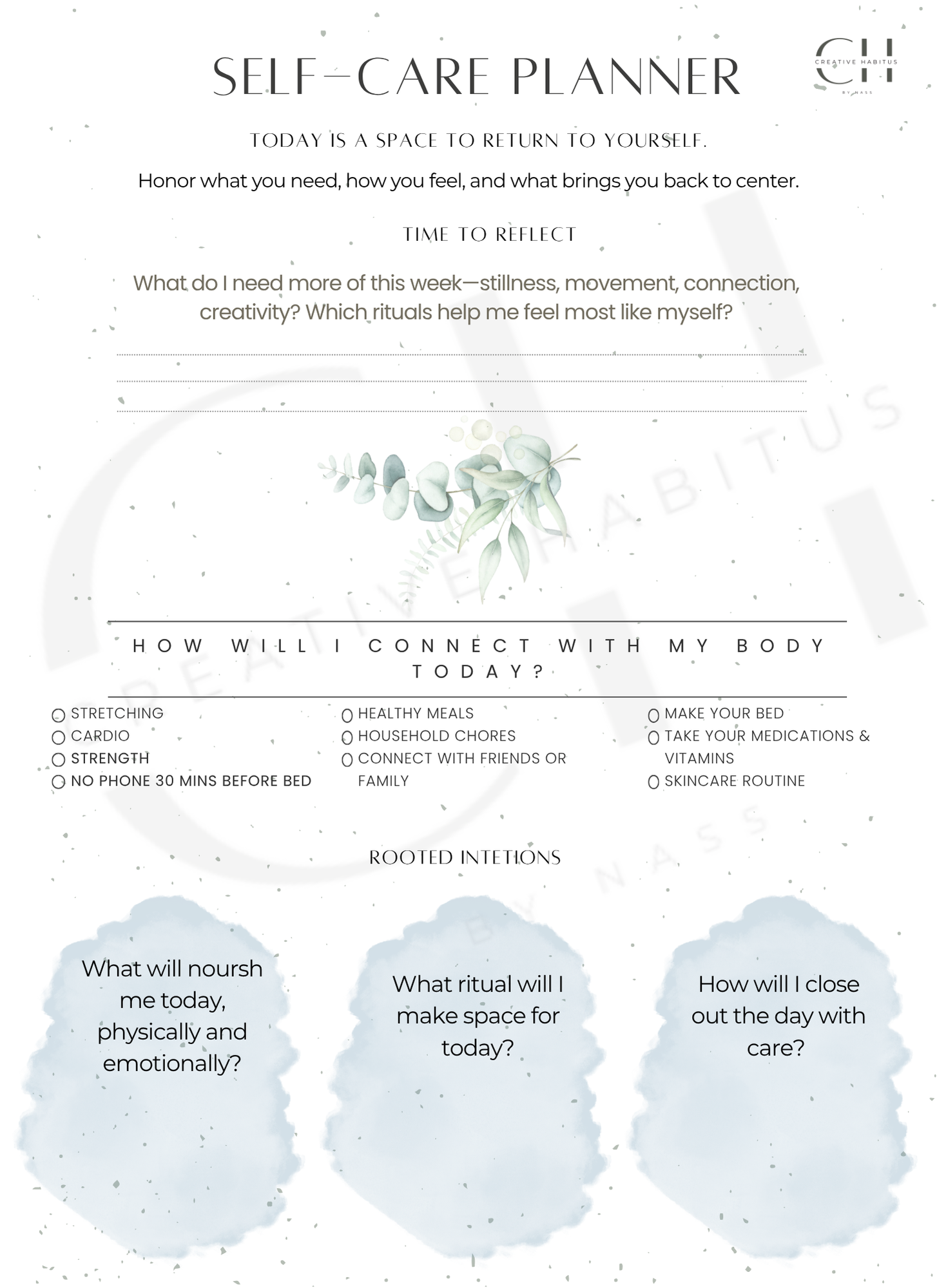 Printable daily self-care planner with checkboxes and reflection prompts for body rituals and emotional grounding.