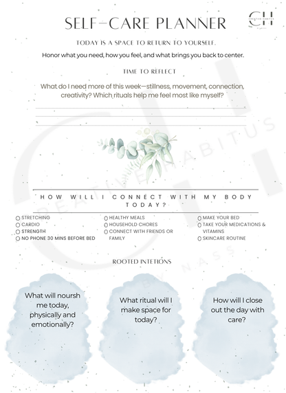 Printable daily self-care planner with checkboxes and reflection prompts for body rituals and emotional grounding.