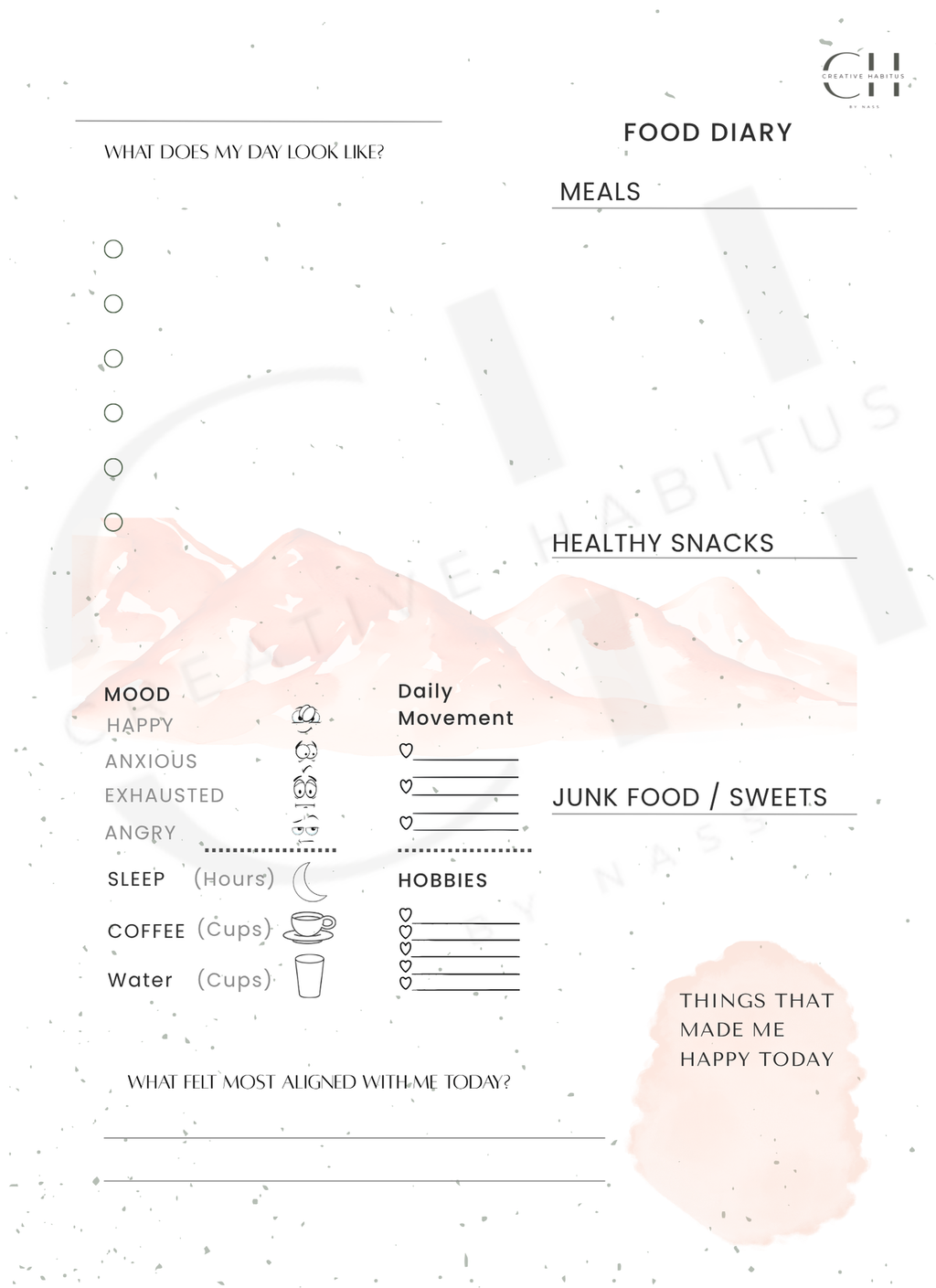 Food diary template with sections for meals, healthy snacks, junk food, movement, sleep, coffee, water, hobbies, and mood tracking.